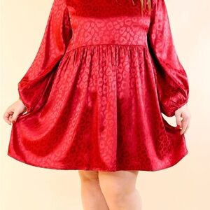 Umgee Dark Red Satin Babydoll Leopard Print Dress Size Small Holiday‎ Christmas